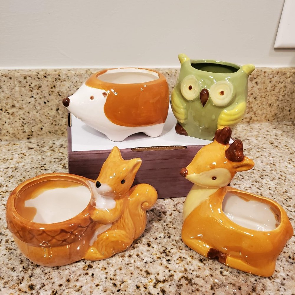 Animal Planters, Woodland 4pc Set, Squirrel Deer Owl Hedgehog plant pots - Picture 1 of 11